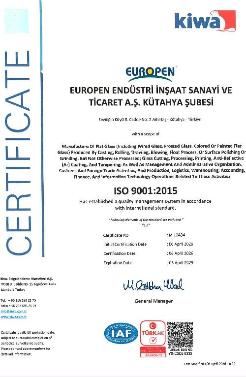 EUROPEN SOLAR GLASS FABRİKASI ISO 9001 SERTİFİKASI ENG