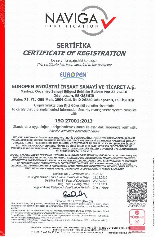Europen Endüstri 27001 sertifikası