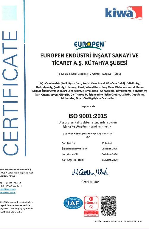EUROPEN SOLAR GLASS FABRİKASI ISO 9001 SERTİFİKASI TR