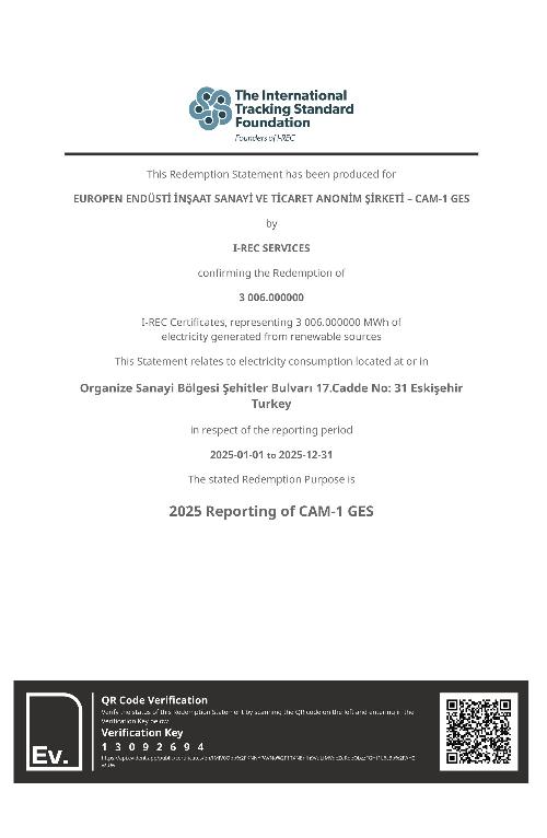 CAM-1 GES 2025 Yılı I-REC Sertifikası
