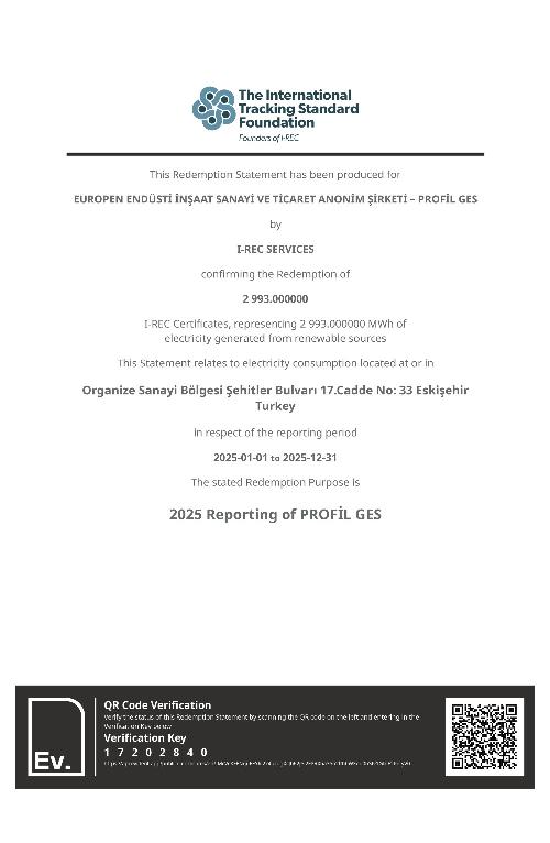 PROFİL GES 2025 Yılı I-REC Sertifikası