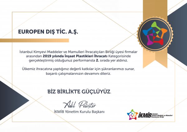 Preis zweiter Platz in der Kategorie Baukunststoffe Export an EUROPEN durch İKMİB